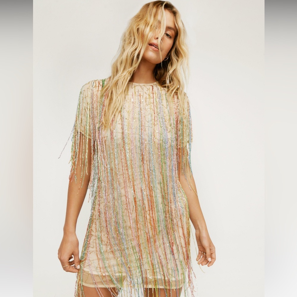 Nasty Gal Tassel Beaded Mini Shift Dress | Size 10 | Yellow | NWT